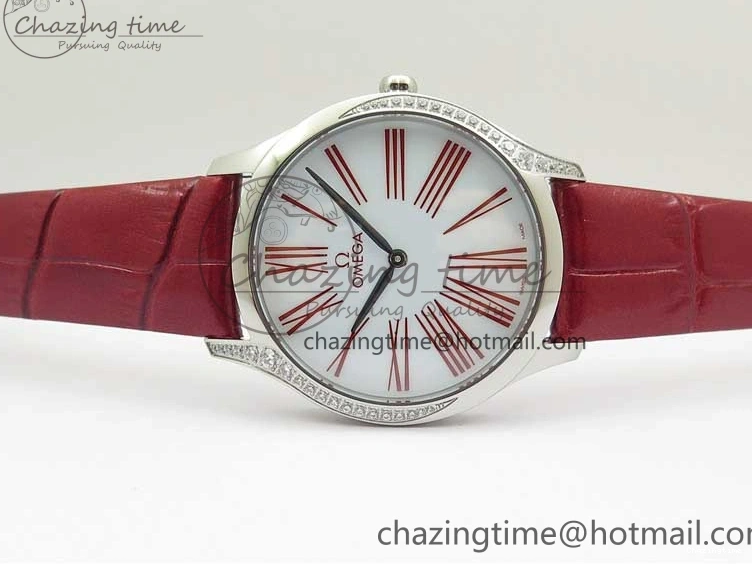 0402 Ladies’ De Ville Trésor Diamond SS 3AF 1:1 Best Edition White Dial On Red Leather Strap Swiss Quartz Snug 7885